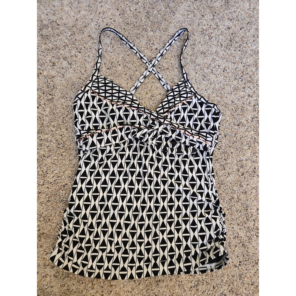 Seafolly Size 12 Geometric Print Tankini Top Ruched Swimwear Black White